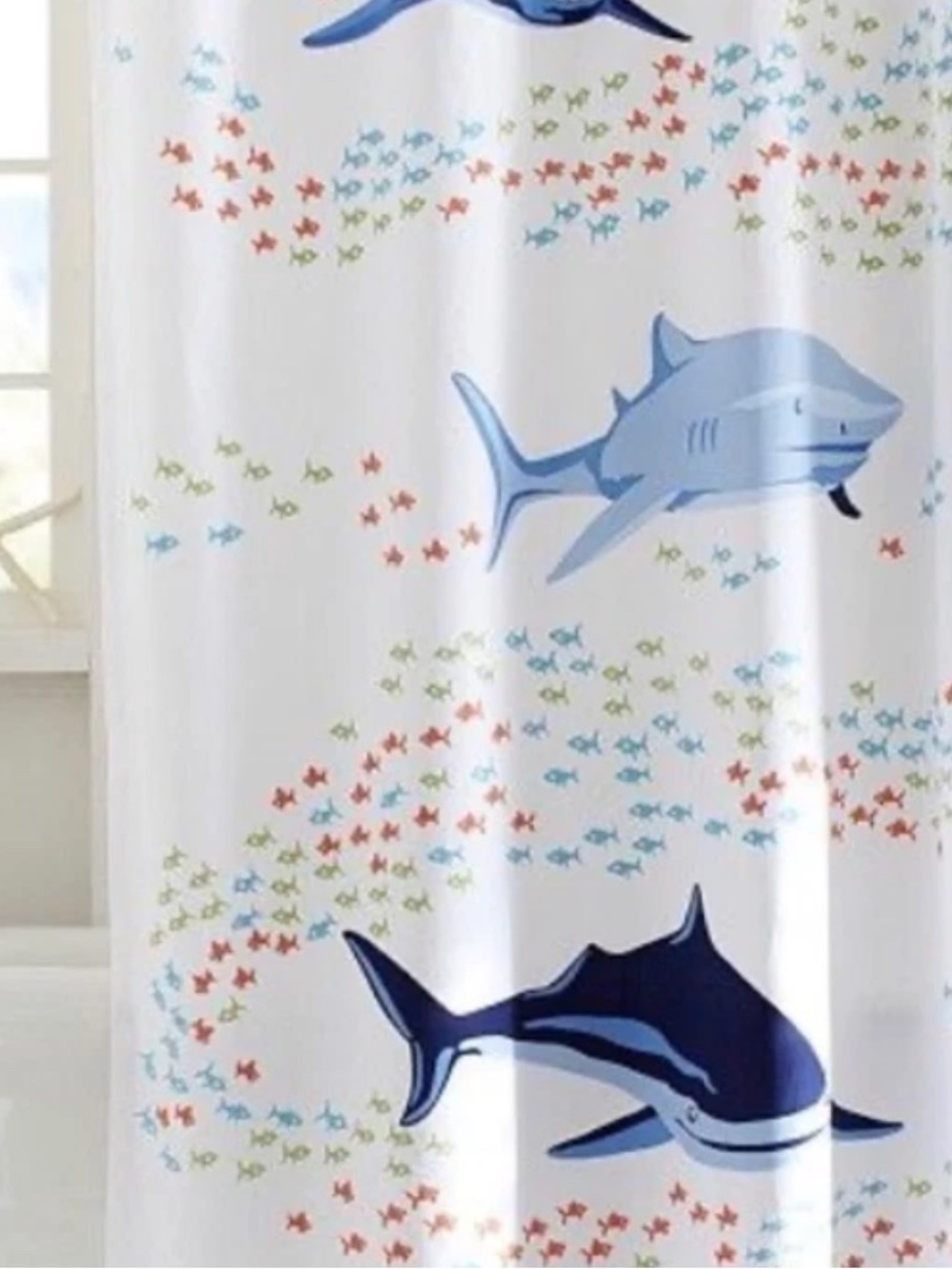 Pottery Barn Kids Blue Shark Shower Curtain with Multicolor Fish liner hooks set
